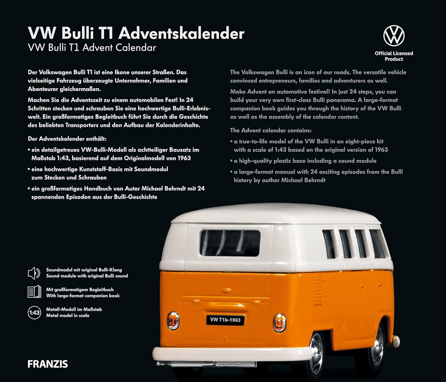 - Calendrier De L'Avent VW Bulli T1, Kit De Construction De Véhicule À L'Échelle 1:43, Module Sonore Et Livre D'Accompagnement, À Partir De 14 Ans, 55134-4, Coloré