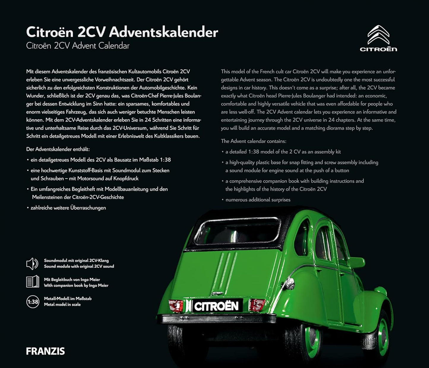 - Calendrier De L'Avent Citroën 2 CV (Canard) En Vert, Kit De Construction De Véhicule À L'Échelle 1:38, Module Sonore Et Livre D'Accompagnement, À Partir De 14 Ans, 55154-2, Coloré