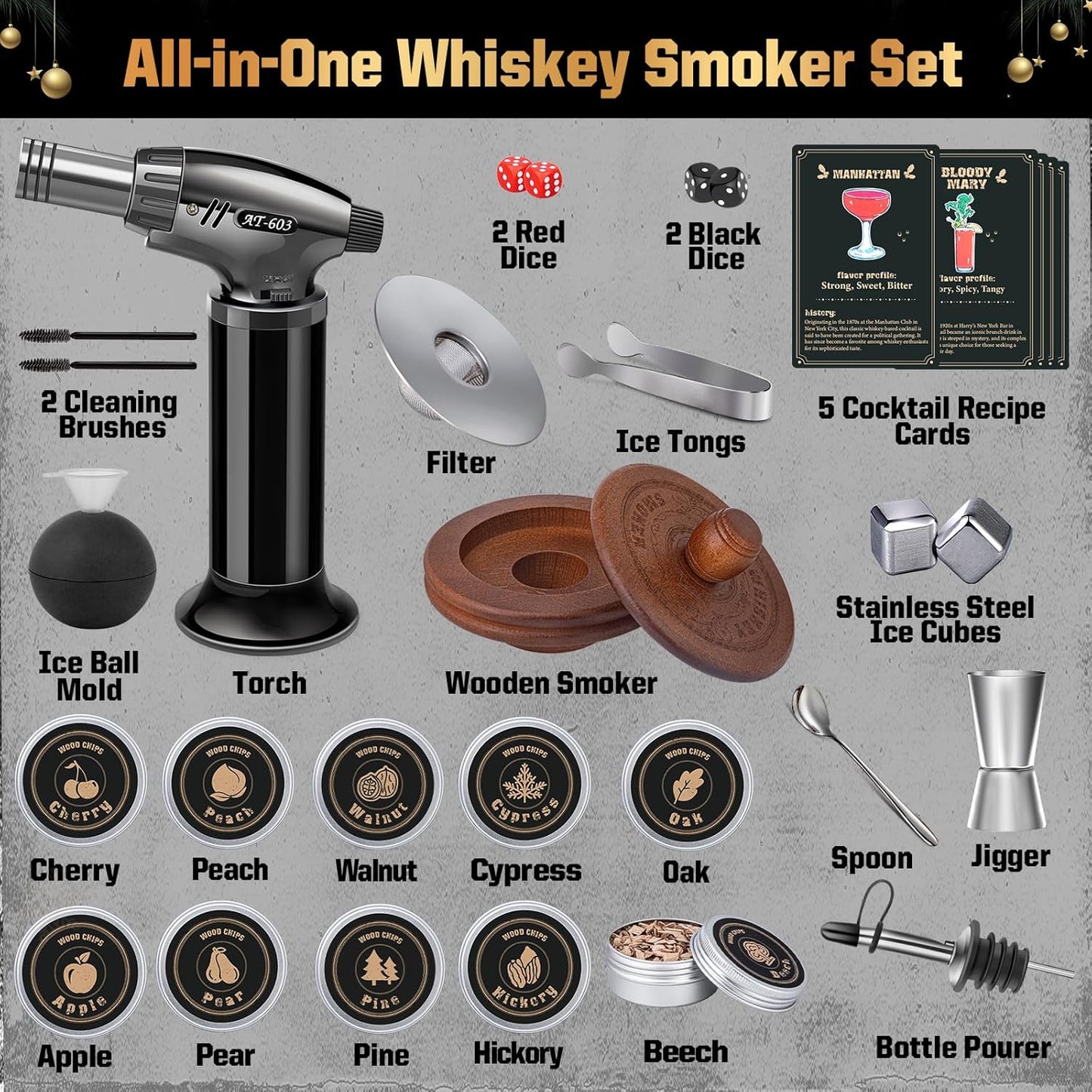 Whiskey Advent Calendar 2025 for Men, 24-Day Bourbon Smoker Infuser Kit for Cocktail and Whisky Lovers, Perfect Christmas and Holiday Gift for Husband, Dad, Boyfriend, Him(No BUTANE)