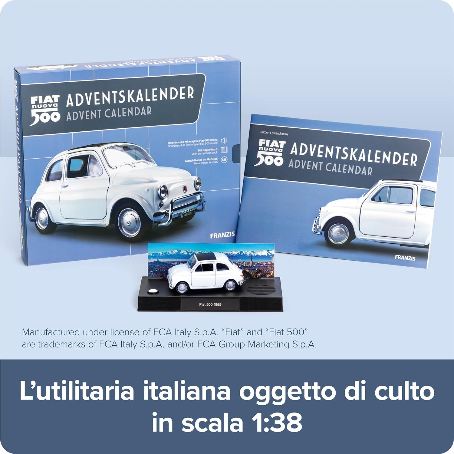 67168 - Calendario Dell’Avvento Fiat 500, Kit per Modellino in Metallo, in Scala 1:38, Inclusi Modulo Sound E Libretto Istruzioni Di 52 Pagine