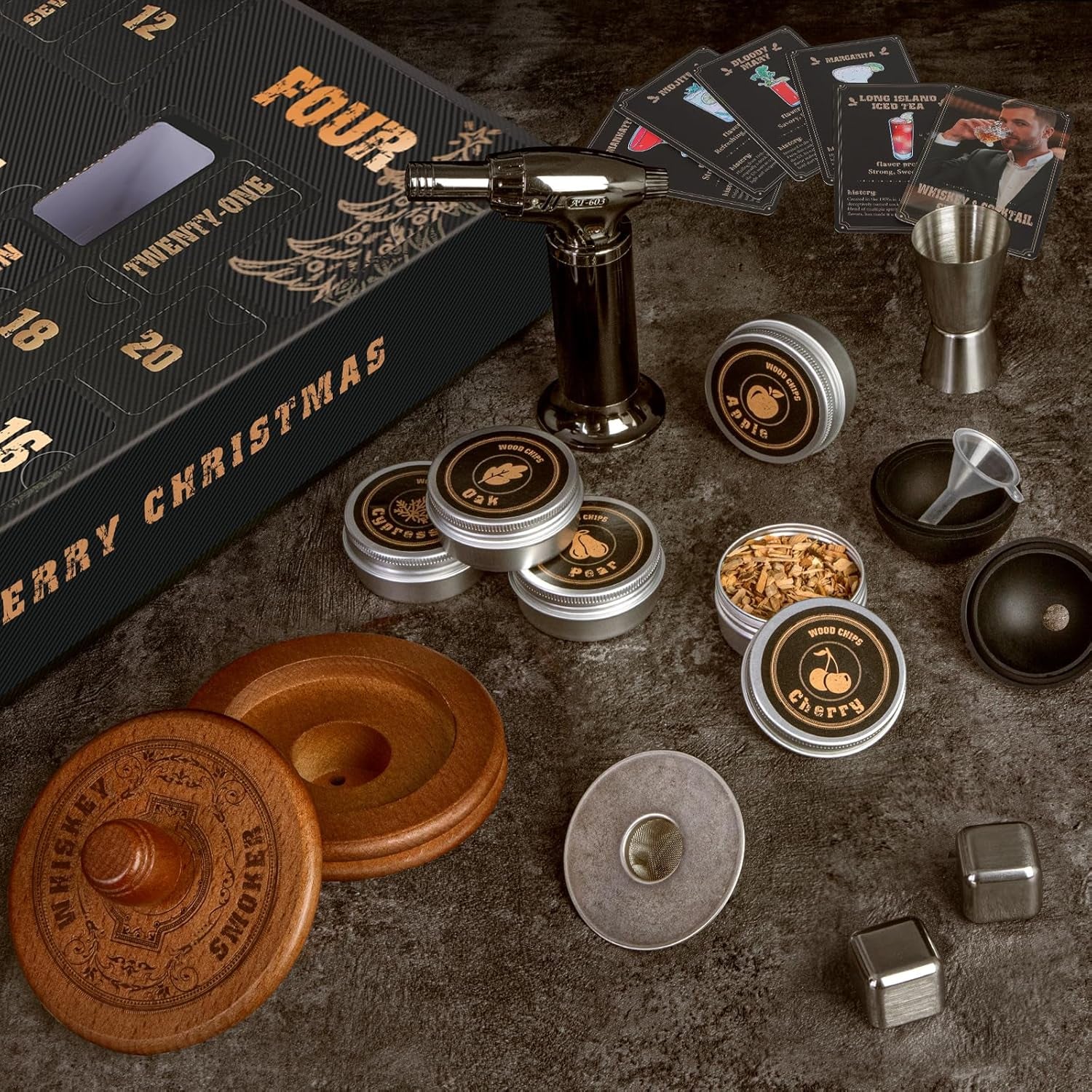Whiskey Advent Calendar 2025 for Men, 24-Day Bourbon Smoker Infuser Kit for Cocktail and Whisky Lovers, Perfect Christmas and Holiday Gift for Husband, Dad, Boyfriend, Him(No BUTANE)