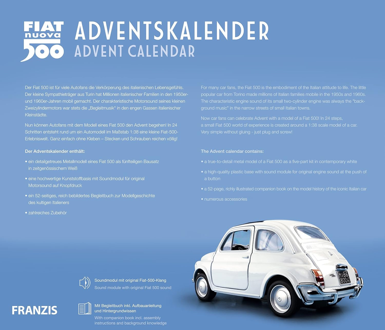 67168 - Calendario Dell’Avvento Fiat 500, Kit per Modellino in Metallo, in Scala 1:38, Inclusi Modulo Sound E Libretto Istruzioni Di 52 Pagine