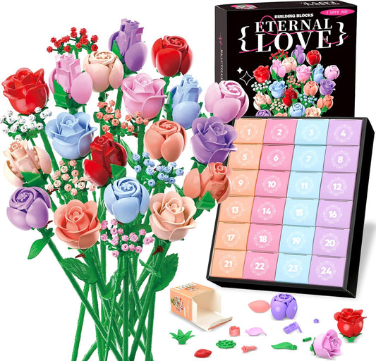 Flower Bouquet Advent Calendar 2025 for Adults Teens Kids, 24 Days Flower Bouquet Christmas Countdown Advent Calendar Colorful Roses Bouquet Building Set, DIY Flower Advent Calendar Home Decor