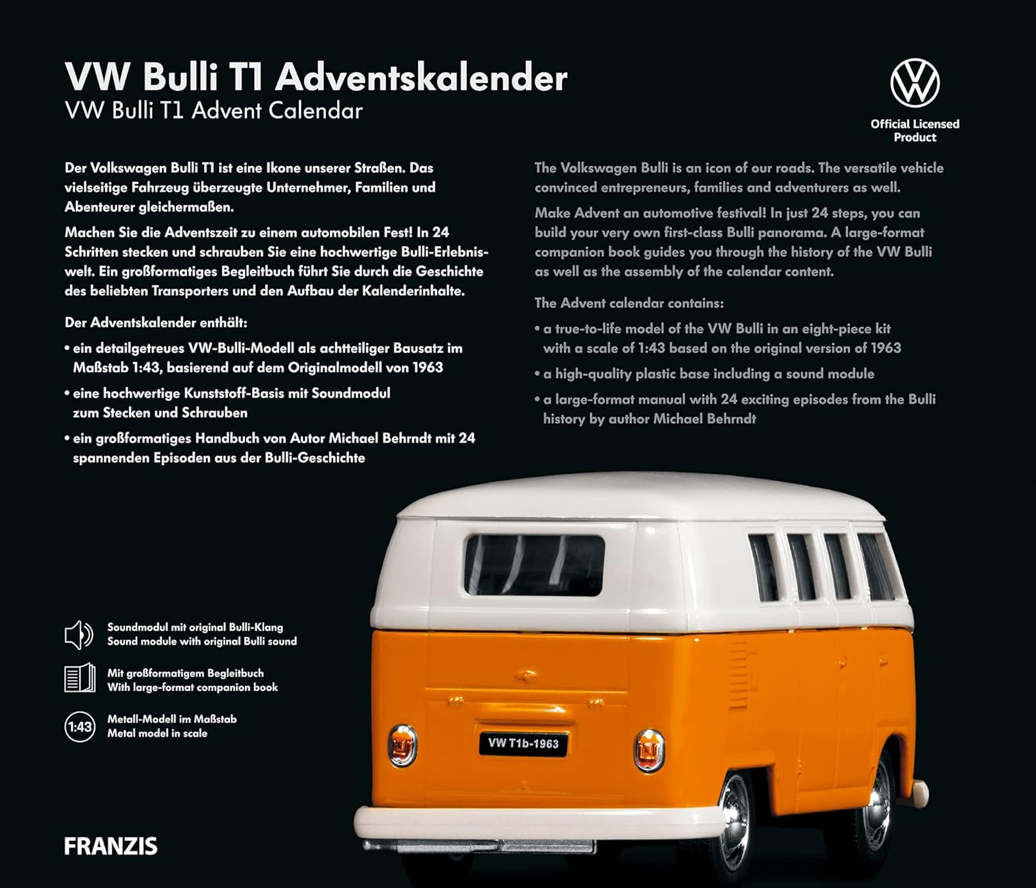- Calendrier De L'Avent VW Bulli T1, Kit De Construction De Véhicule À L'Échelle 1:43, Module Sonore Et Livre D'Accompagnement, À Partir De 14 Ans, 55134-4, Coloré