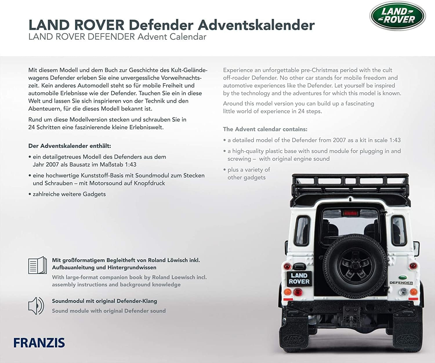 67155 - Calendario Dell'Avvento Land Rover Defender in Metallo, in Scala 1:43, Con Modulo Audio E Libro Di Accompagnamento Da 50 Pagine