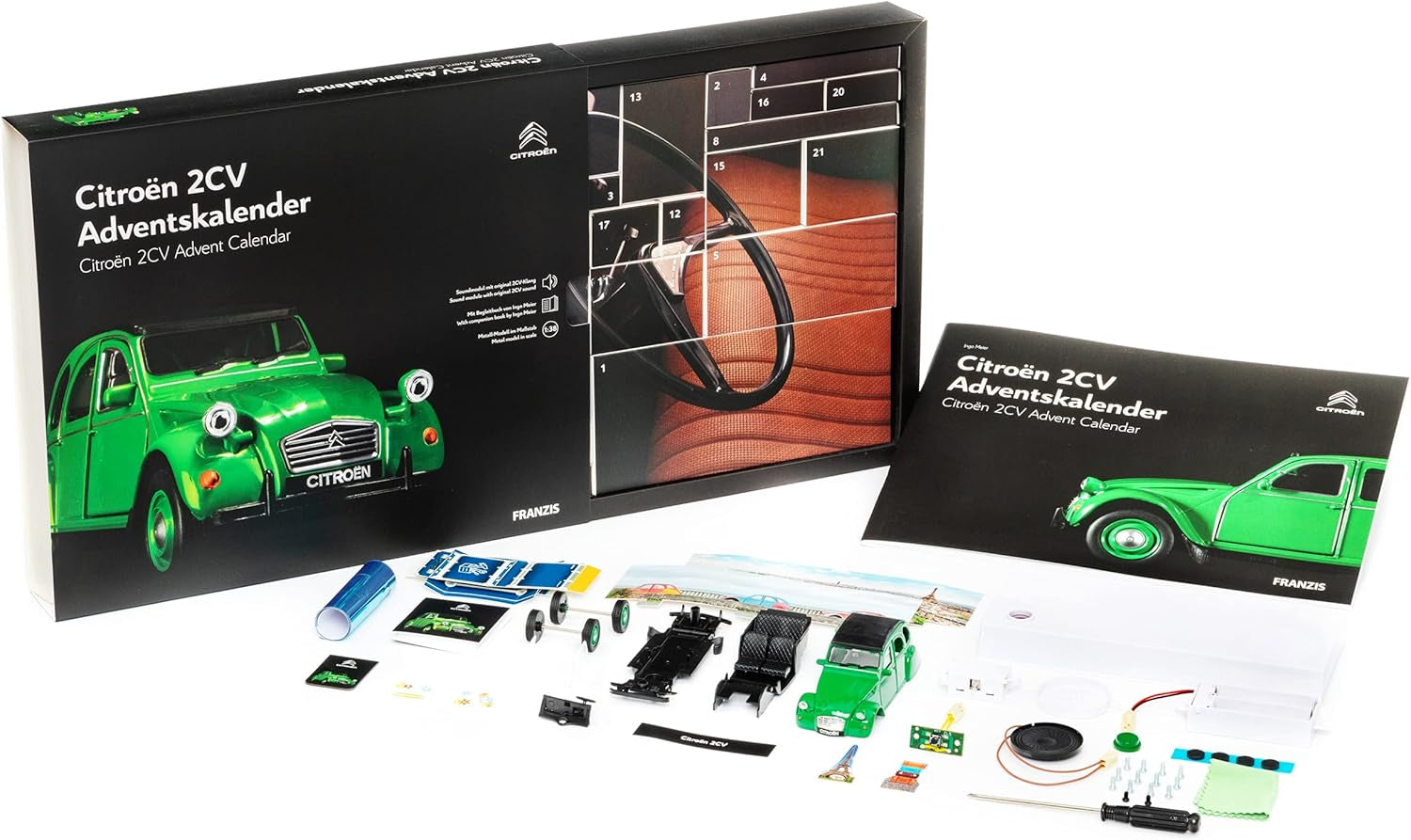 - Calendrier De L'Avent Citroën 2 CV (Canard) En Vert, Kit De Construction De Véhicule À L'Échelle 1:38, Module Sonore Et Livre D'Accompagnement, À Partir De 14 Ans, 55154-2, Coloré