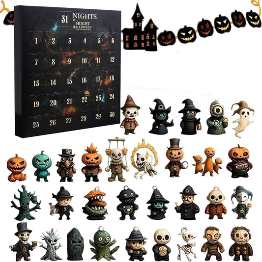 31 Nights of Fright - Halloween Countdown Box with Figurines, Halloween Advent Calendar 2025 Gift Box, Scary Doll Collectible Horror Figures, Hanging Charms & Mini Decorations (31 Days)