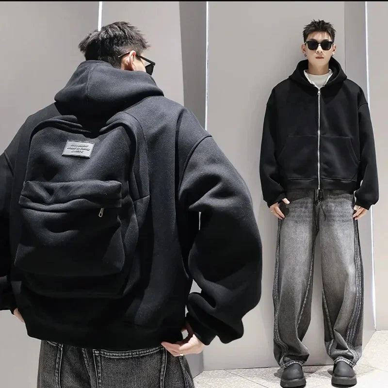 American Style Casual Loose Men'S Hoodie Sweater Backpack Integrated Spring Autumn Design Unique Loose Outerwear