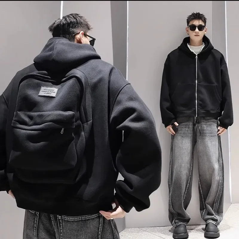 American Style Casual Loose Men'S Hoodie Sweater Backpack Integrated Spring Autumn Design Unique Loose Outerwear