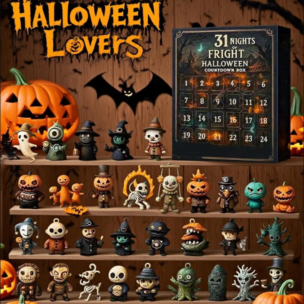 31 Nights of Fright - Halloween Countdown Box with Figurines, Halloween Advent Calendar 2025 Gift Box, Scary Doll Collectible Horror Figures, Hanging Charms & Mini Decorations (31 Days)