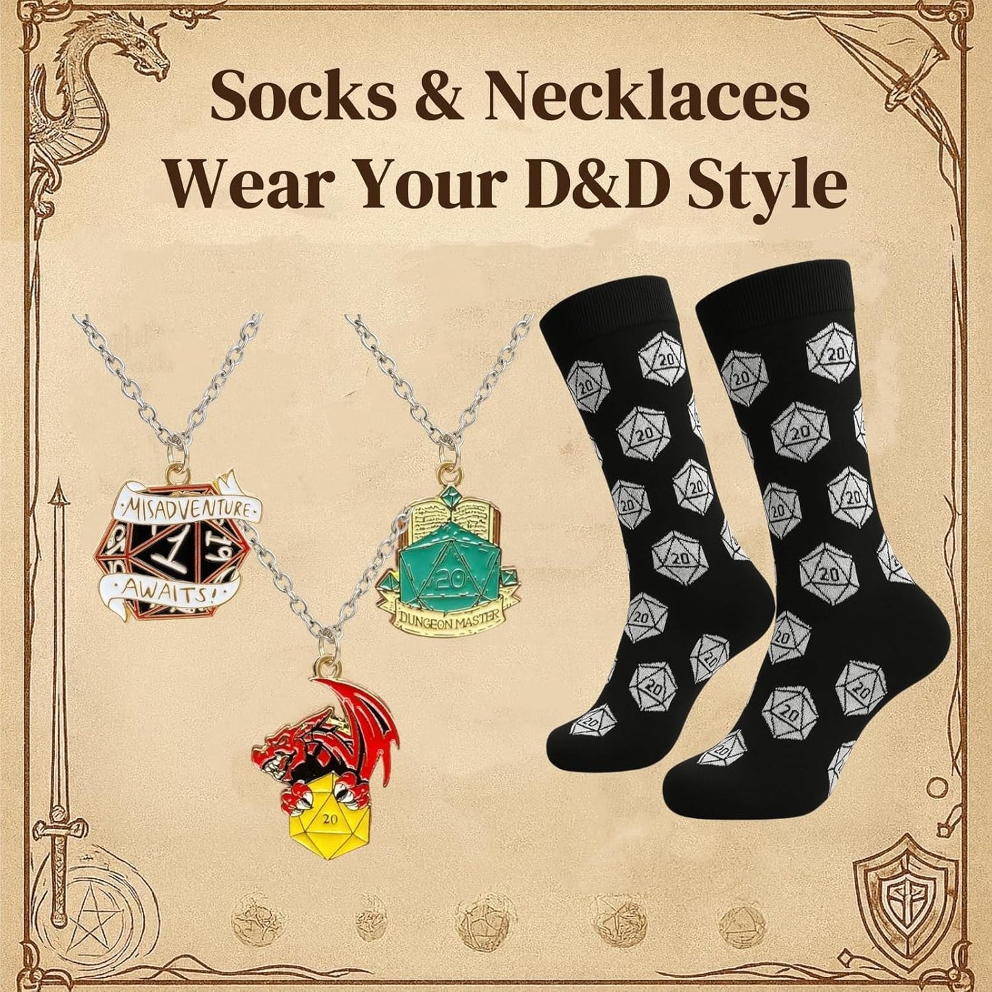 DND Dice Advent Calendar 2025 for Men Boys, 24 Days Countdown Gift with Dice Set, Themed Pencils for Tabletop RPG Game Gift for Teens