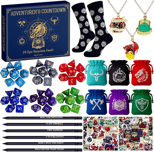 DND Dice Advent Calendar 2025 for Men Boys, 24 Days Countdown Gift with Dice Set, Themed Pencils for Tabletop RPG Game Gift for Teens