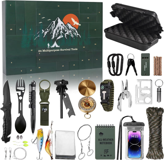 Advent Calendar Survival Kits for Men - 24 Days Christmas Countdown Calendar Emergency Survival Gears Gift for Teen Adult, 2025 Xmas Cool Gadgets for Outdoor Camping Fishing Hunting Adventure